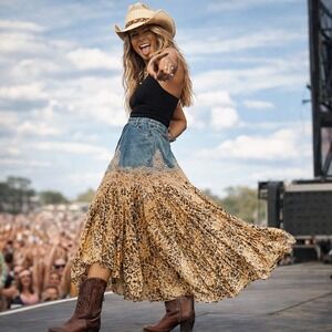 VTG Jeanology 12 Boho Denim Lace Leopard Print Collab Maxi Skirt Western Y2K